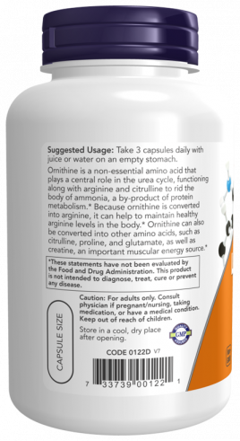NOW L-Ornithine 500 mg, L-Орнитин 500 мг, 120 капсул