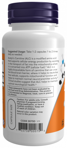 NOW Acetyl L-Carnitine 500 mg, Ацетил L-Карнитин 500 мг, 50 капсул